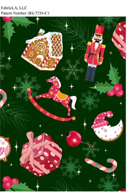 Christmas fabric print – rocking horse, gingerbread and nutcracker on green – pattern BS-7739-C1 | FabricLA