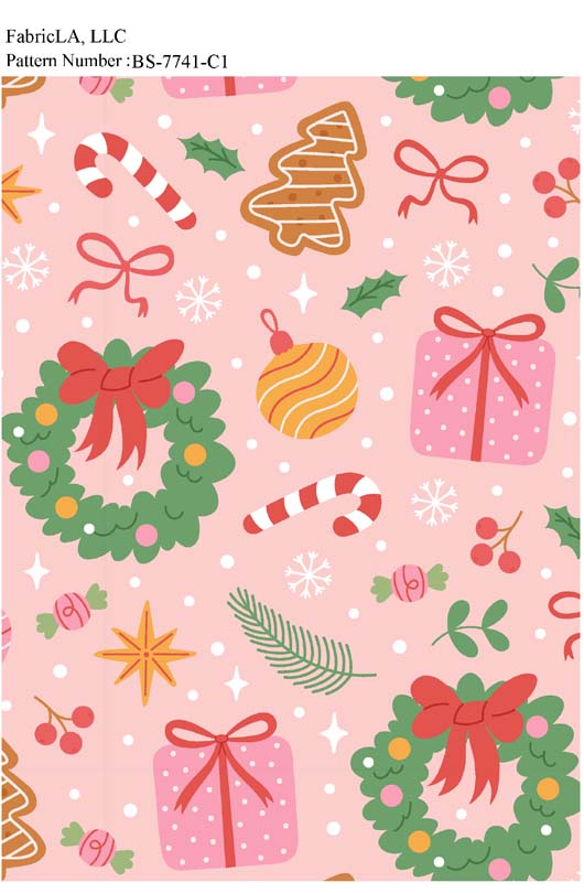 Christmas fabric print – wreaths, gifts and ornaments on pink – pattern BS-7741-C1 | FabricLA