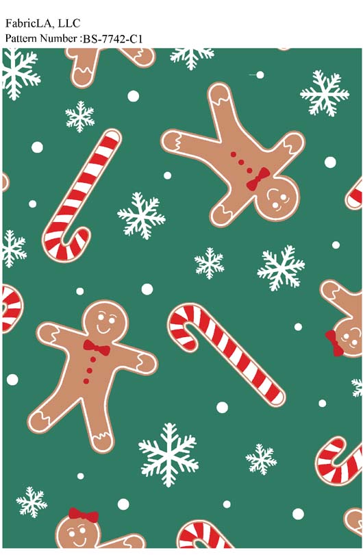 Christmas fabric print – gingerbread men, candy canes and snowflakes on green – pattern BS-7742-C1 | FabricLA
