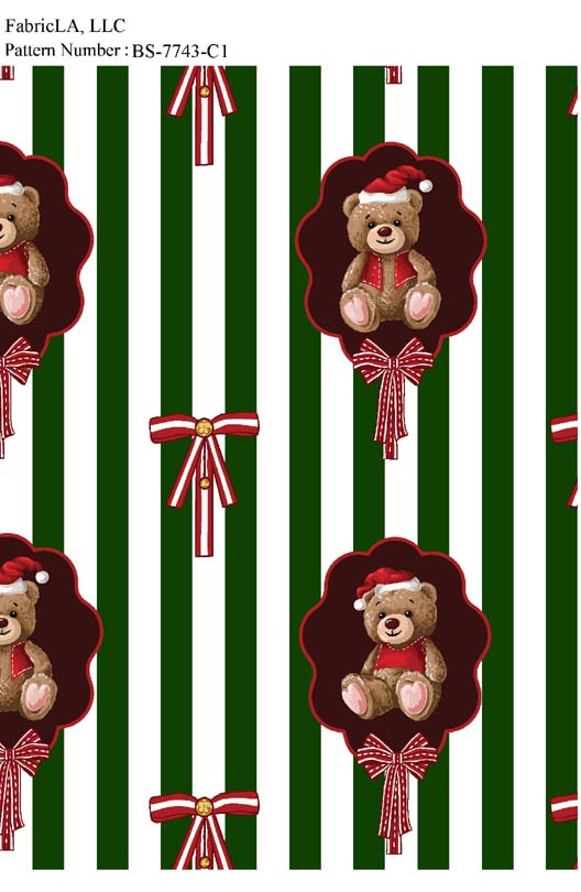 Christmas fabric print – teddy bears on green and white stripes – pattern BS-7743-C1 | FabricLA