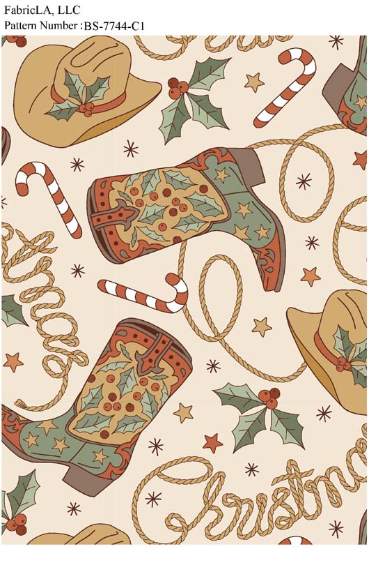 Christmas fabric print – western cowboy boots Christmas print – pattern BS-7744-C1 | FabricLA