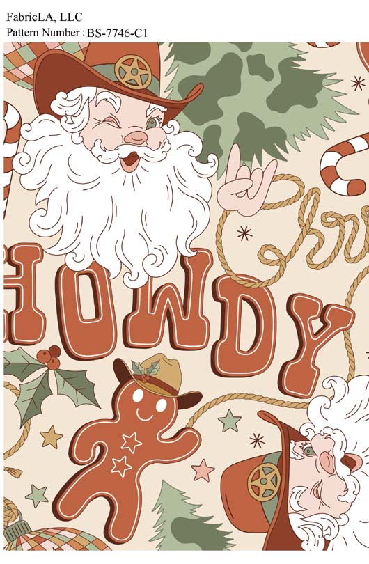 Christmas fabric print – Howdy Santa and gingerbread western print – pattern BS-7746-C1 | FabricLA