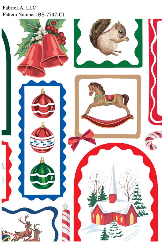 Christmas fabric print – vintage holiday patches with rocking horse – pattern BS-7747-C1 | FabricLA