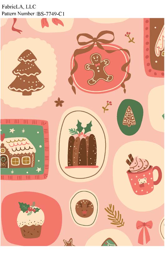 Christmas fabric print – gingerbread house, cocoa and baking on pink – pattern BS-7749-C1 | FabricLA