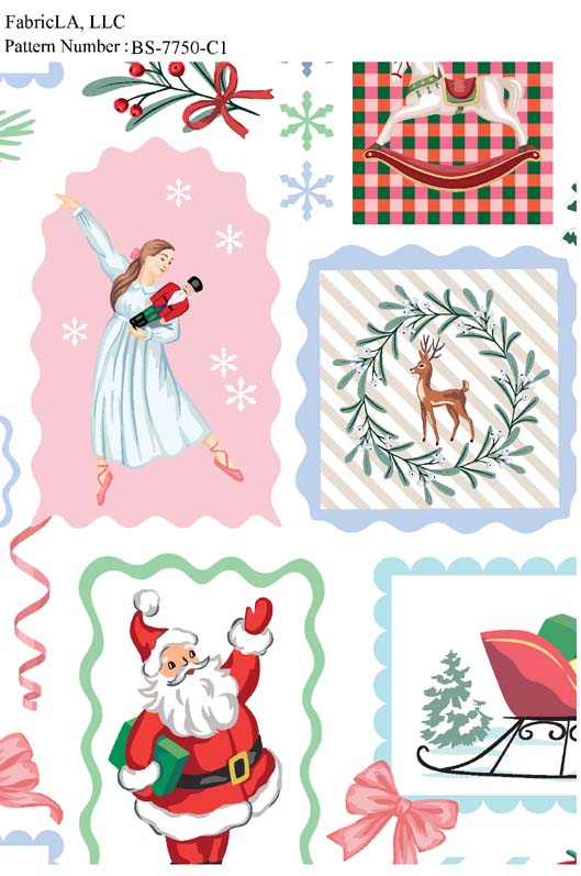 Christmas fabric print – vintage ballerina, Santa and wreath patches – pattern BS-7750-C1 | FabricLA