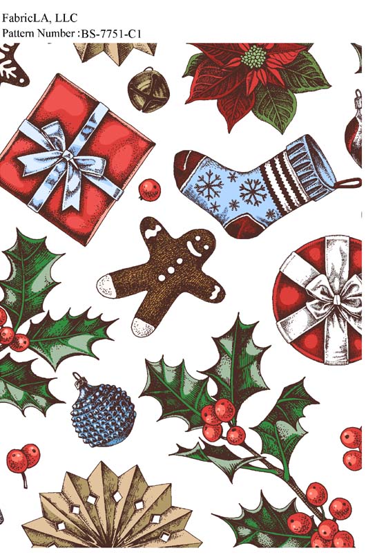 Christmas fabric print – gingerbread, stockings, gifts and holly on white – pattern BS-7751-C1 | FabricLA