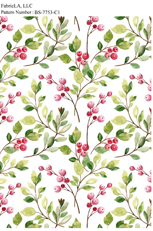 Christmas fabric print – holly berries and branches on white – pattern BS-7753-C1 | FabricLA