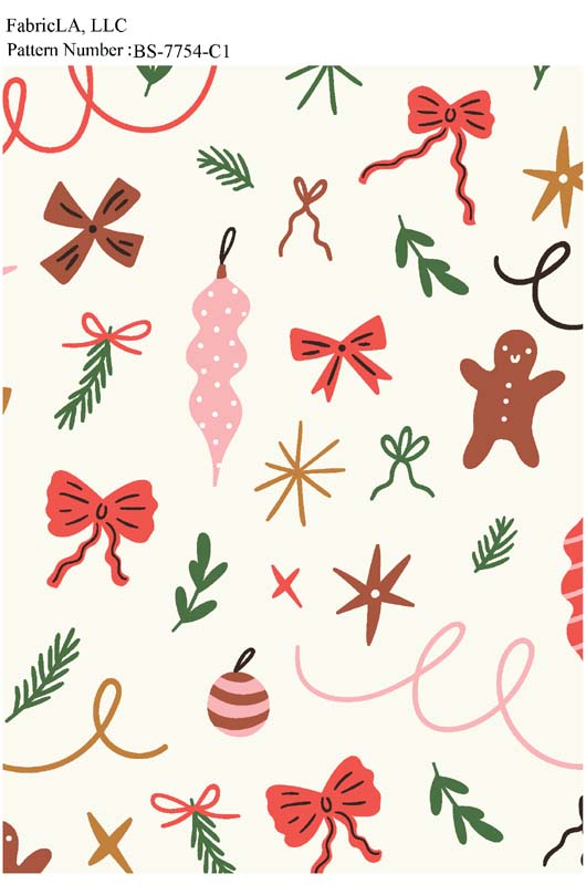 Christmas fabric print – bows, gingerbread and stars on cream – pattern BS-7754-C1 | FabricLA