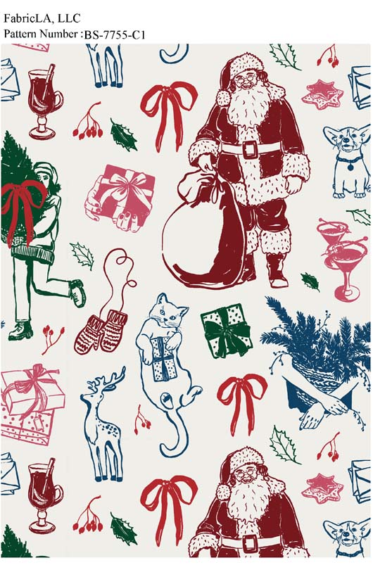 Christmas fabric print – vintage Santa and toys in red sketch – pattern BS-7755-C1 | FabricLA