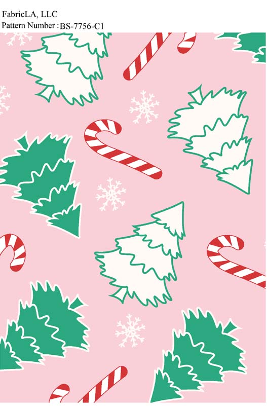 Christmas fabric print – Christmas trees and candy canes on pink – pattern BS-7756-C1 | FabricLA