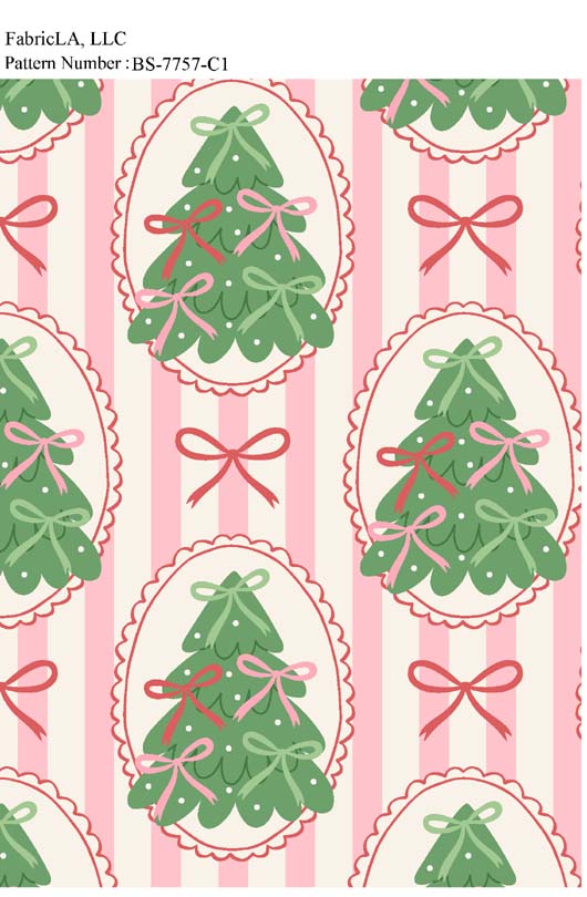 Christmas fabric print – Christmas trees and bows on pink stripes – pattern BS-7757-C1 | FabricLA