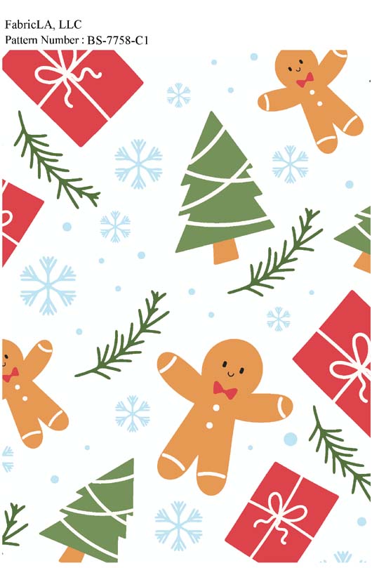 Christmas fabric print – Christmas trees and gingerbread on white – pattern BS-7758-C1 | FabricLA