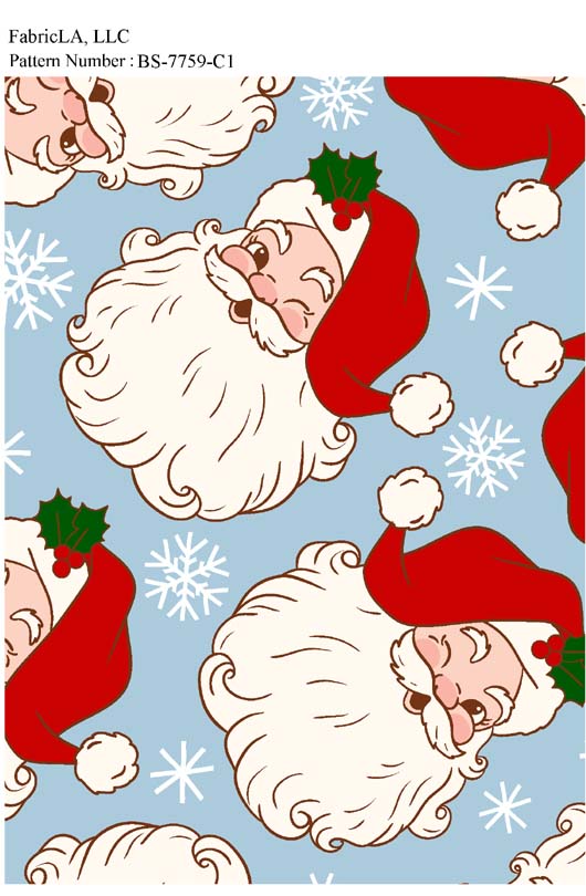 Christmas fabric print – vintage Santa faces on light blue – pattern BS-7759-C1 | FabricLA