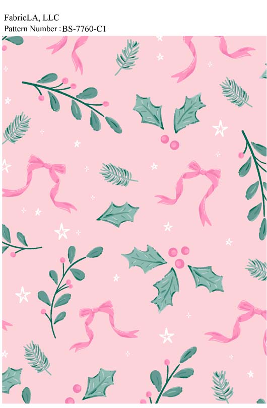 Christmas fabric print – holly sprigs on pink – pattern BS-7760-C1 | FabricLA