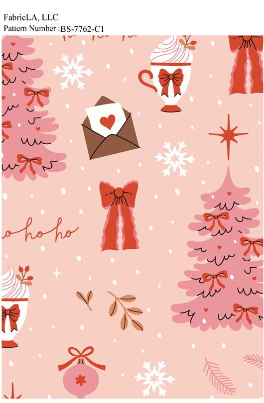 Christmas fabric print – pink trees, letters and bows on blush – pattern BS-7762-C1 | FabricLA