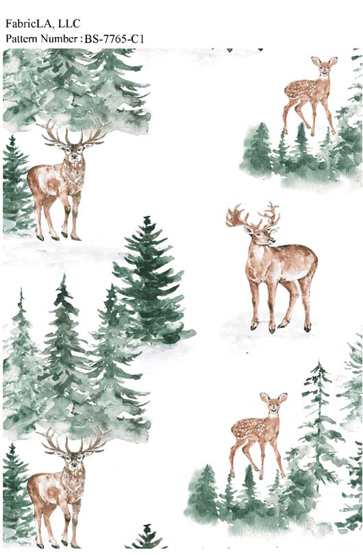 Christmas fabric print – watercolor deer and snowy pine trees on white – pattern BS-7765-C1 | FabricLA