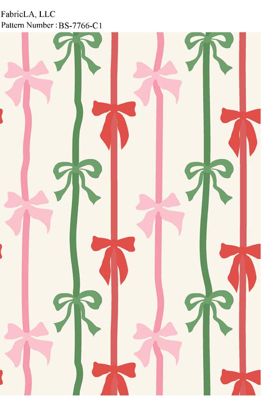 Christmas fabric print – pink, red and green ribbon bow stripes on cream – pattern BS-7766-C1 | FabricLA