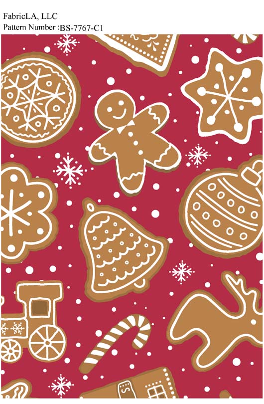 Christmas fabric print – gingerbread cookies and candy canes on red – pattern BS-7767-C1 | FabricLA