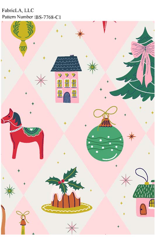 Christmas fabric print – Dala horse, ornaments, trees and houses on pink harlequin – pattern BS-7768-C1 | FabricLA