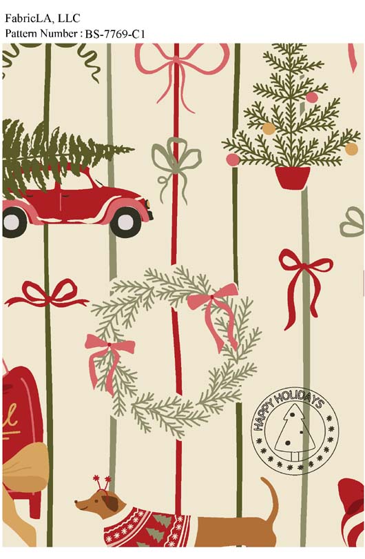Christmas fabric print – red vintage car with tree, wreaths, bows and dachshund on cream – pattern BS-7769-C1 | FabricLA