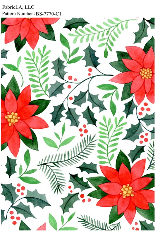 Christmas fabric print – red poinsettias, holly and pine on white – pattern BS-7770-C1 | FabricLA