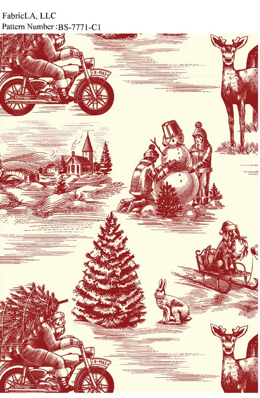 Christmas fabric print – red toile Christmas village and pine trees on cream – pattern BS-7771-C1 | FabricLA