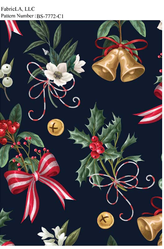 Christmas fabric print – gold bells, holly and red bows on navy – pattern BS-7772-C1 | FabricLA