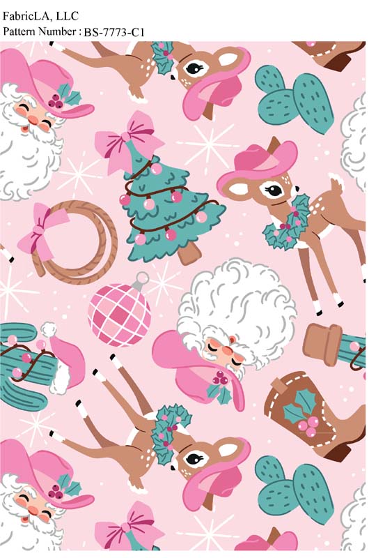 Christmas fabric print – pink retro Christmas with reindeer and cowboy hats – pattern BS-7773-C1 | FabricLA