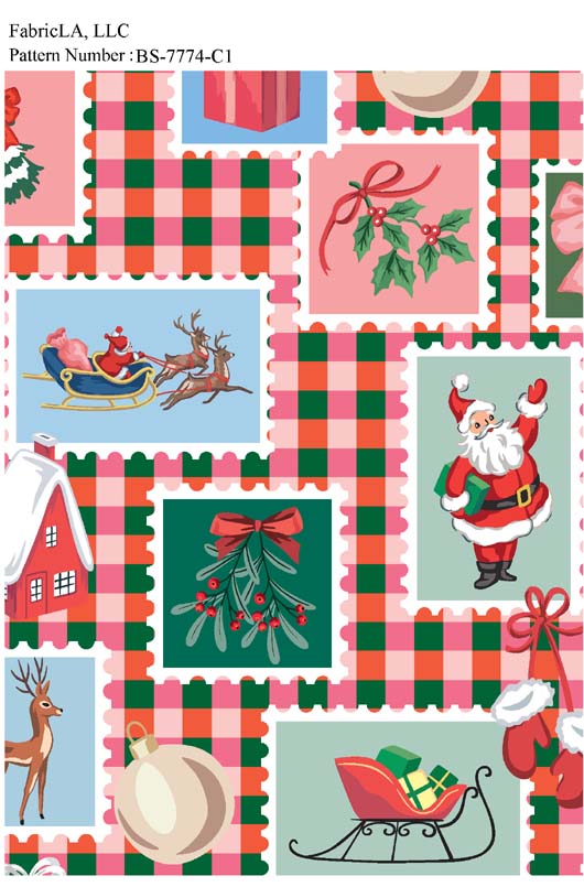 Christmas fabric print – Santa postage stamps on red and green plaid – pattern BS-7774-C1 | FabricLA