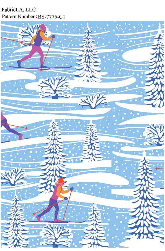 Christmas fabric print – ice skaters and snowy trees on light blue – pattern BS-7775-C1 | FabricLA