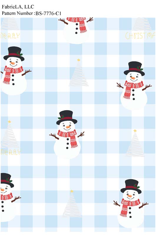 Christmas fabric print – snowmen on blue gingham – pattern BS-7776-C1 | FabricLA