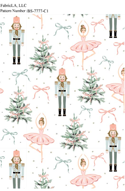 Christmas fabric print – nutcrackers, ballerinas and Christmas trees on white – pattern BS-7777-C1 | FabricLA
