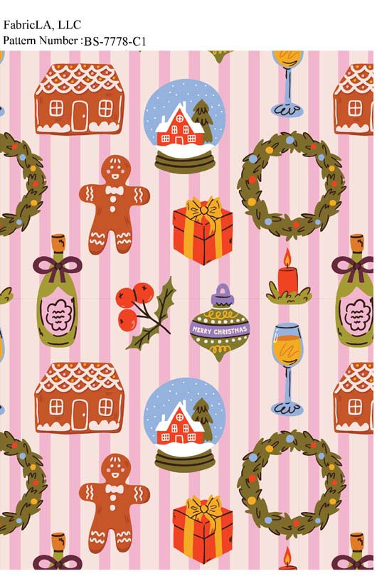 Christmas fabric print – gingerbread, ornaments and wreaths on pink stripes – pattern BS-7778-C1 | FabricLA
