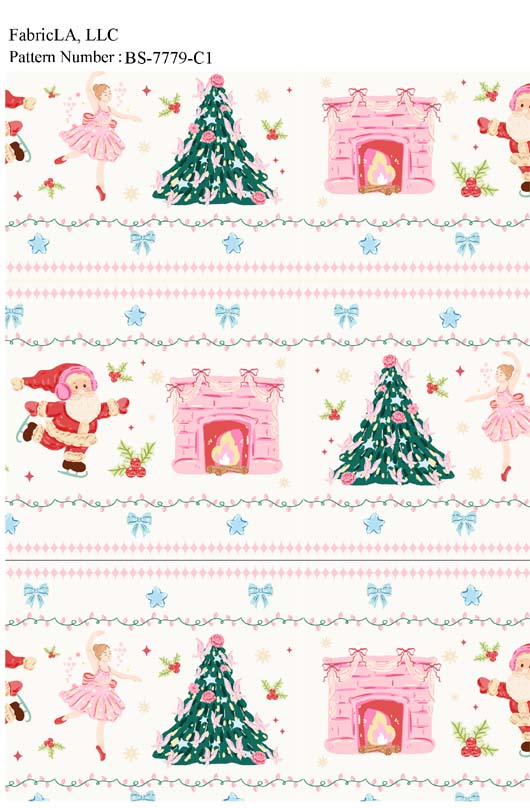 Christmas fabric print – pastel Santa and Christmas tree border stripes – pattern BS-7779-C1 | FabricLA