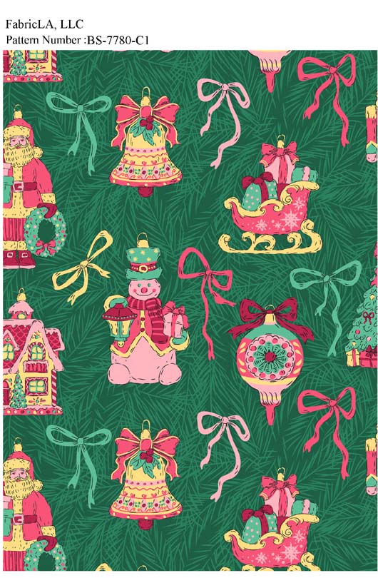 Christmas fabric print – pink bells and ornaments on green – pattern BS-7780-C1 | FabricLA