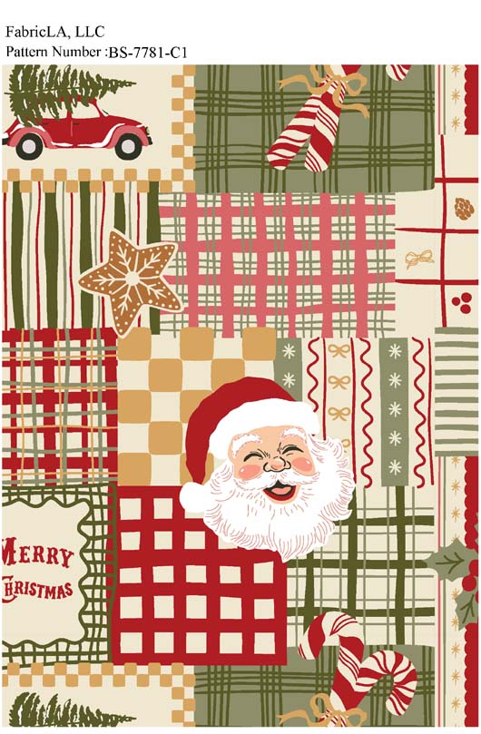 Christmas fabric print – Santa face on Christmas plaid patchwork – pattern BS-7781-C1 | FabricLA