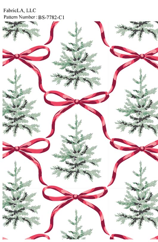 Christmas fabric print – Christmas trees in a red ribbon lattice – pattern BS-7782-C1 | FabricLA