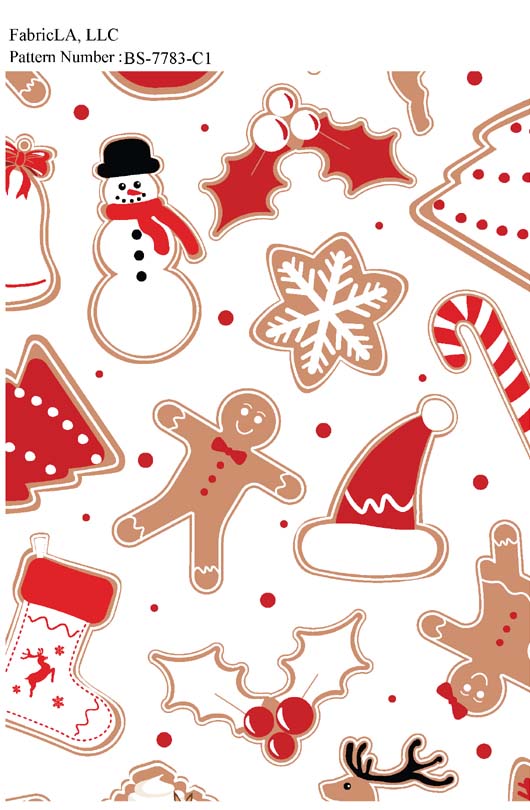 Christmas fabric print – snowman, gingerbread and star cookies on white – pattern BS-7783-C1 | FabricLA