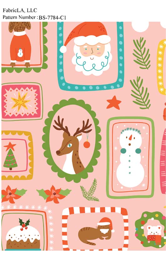 Christmas fabric print – reindeer and snowman frames on pink – pattern BS-7784-C1 | FabricLA