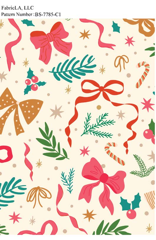 Christmas fabric print – red bows and holly on cream – pattern BS-7785-C1 | FabricLA