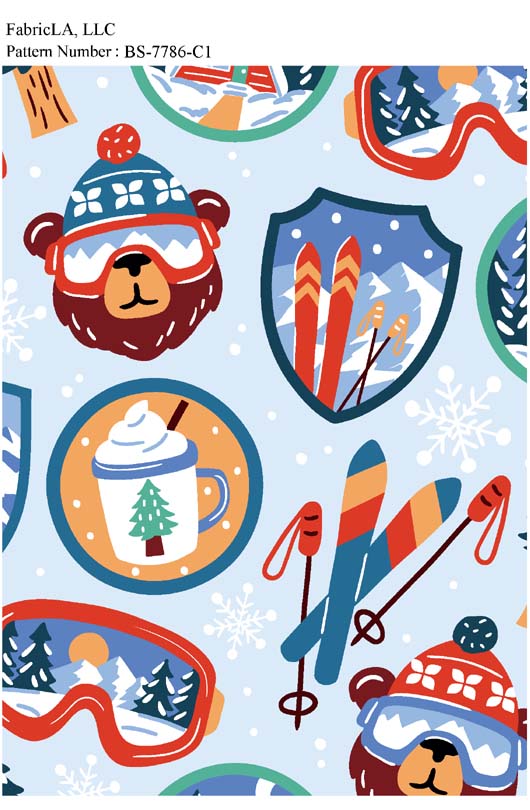 Christmas fabric print – ski patches, bear, skis and cocoa on blue – pattern BS-7786-C1 | FabricLA