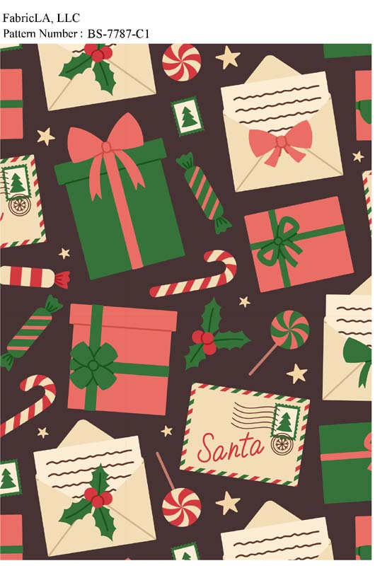 Christmas fabric print – gifts, letters to Santa and candy canes on brown – pattern BS-7787-C1 | FabricLA