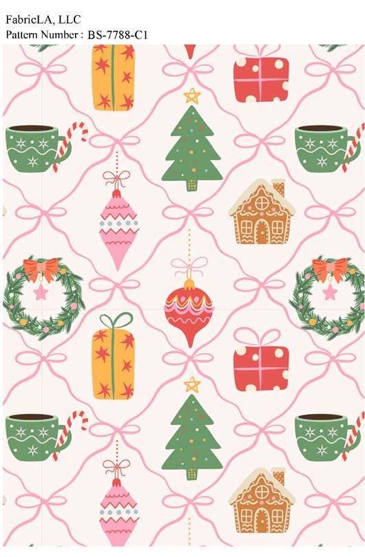 Christmas fabric print – Christmas trees and ornaments in a pink ribbon lattice – pattern BS-7788-C1 | FabricLA