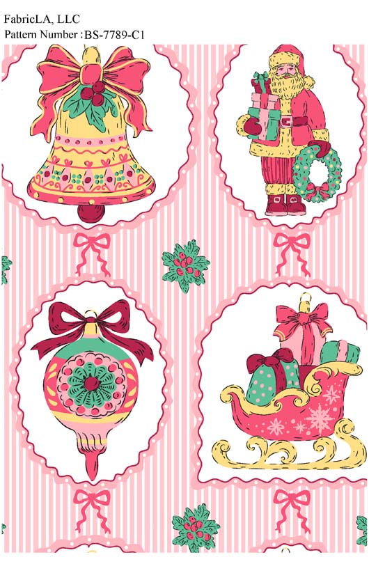 Christmas fabric print – vintage bells, ornaments and sleigh on pink stripes – pattern BS-7789-C1 | FabricLA