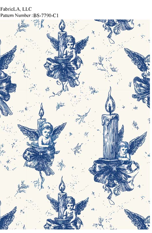 Christmas fabric print – blue toile angels and candles on cream – pattern BS-7790-C1 | FabricLA