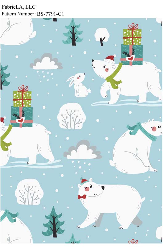 Christmas fabric print – polar bears with gifts on light blue – pattern BS-7791-C1 | FabricLA