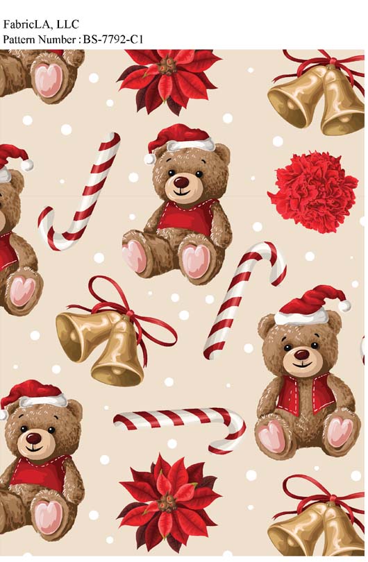 Christmas fabric print – teddy bears, bells and candy canes on cream – pattern BS-7792-C1 | FabricLA