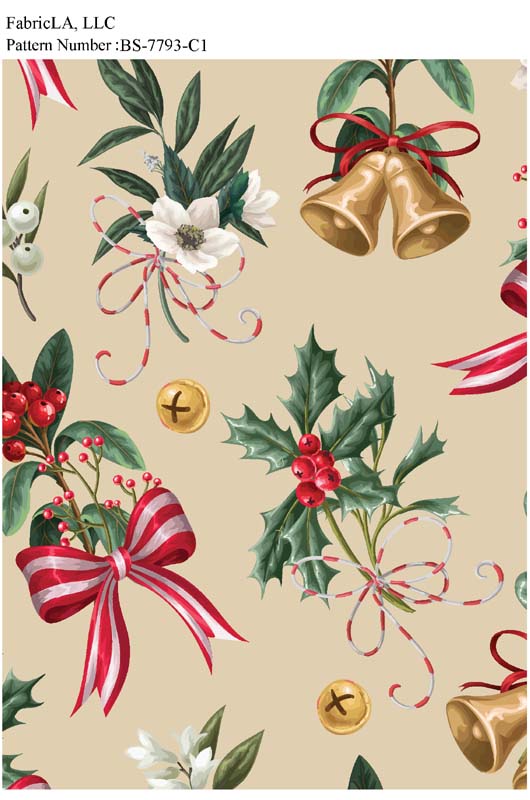 Christmas fabric print – gold bells, holly and red bows on tan – pattern BS-7793-C1 | FabricLA