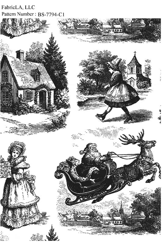 Christmas fabric print – black and white vintage engraving of Santa's sleigh – pattern BS-7794-C1 | FabricLA