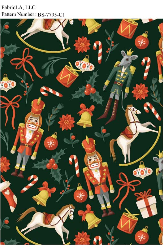 Christmas fabric print – nutcrackers and rocking horses on dark green – pattern BS-7795-C1 | FabricLA